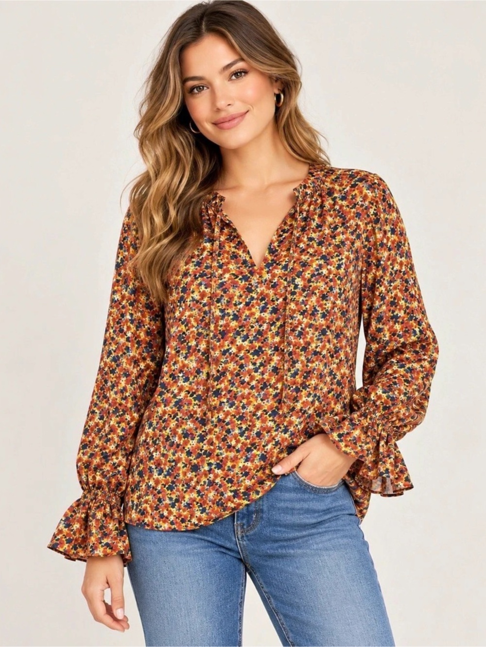 Willow & Root Floral Ruffle Sleeve Blouse in Orange & Blue Size XL Like N‌